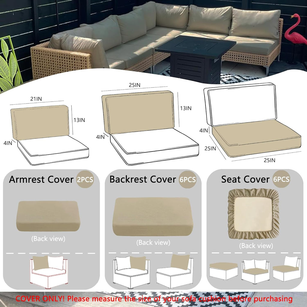 Sqodok Outdoor Cushion Covers 14Pcs Patio Cushion Slipcovers, Replacement Waterproof for 6-Seaters Sofa, Outdoor Furniture Cushion Slipcovers Set Seat and Back, Covers Only, Tan