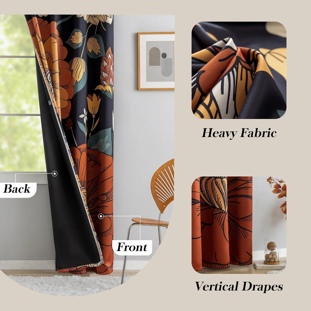 Black Boho Floral 100% Blackout Curtains for Bedroom 96 inch Long 2 Panels Mid Century Botanical Black Out Curtains for Living Room Grommet Thermal Insulated Room Darkening Window Drapes,52Wx96L