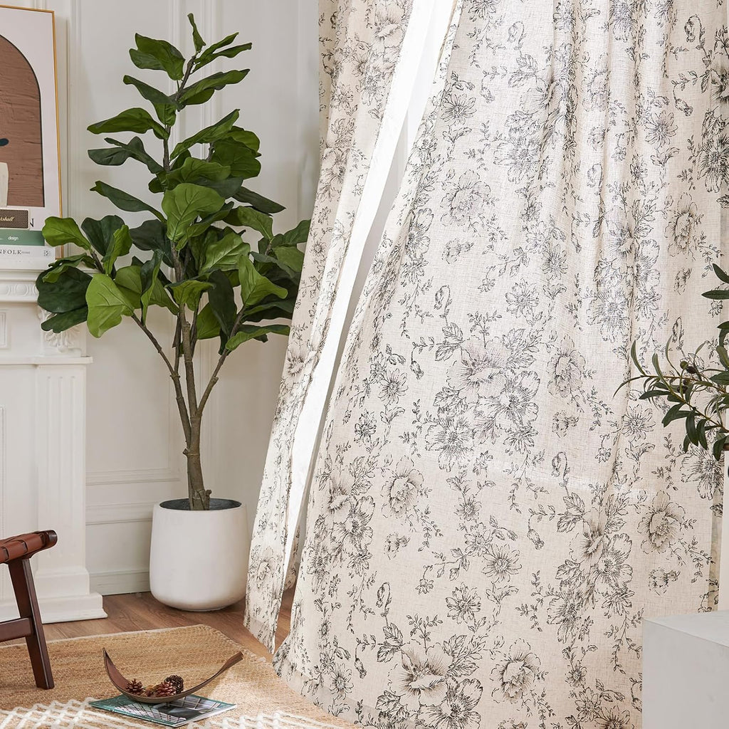 jinchan Linen Blend Curtain Floral Curtains for Living Room 108 Inch Length Black Printed Curtain Rod Pocket Back Tab Farmhouse Peony Flower Patterned Drapes Bedroom Window Curtains Set 2 Panels
