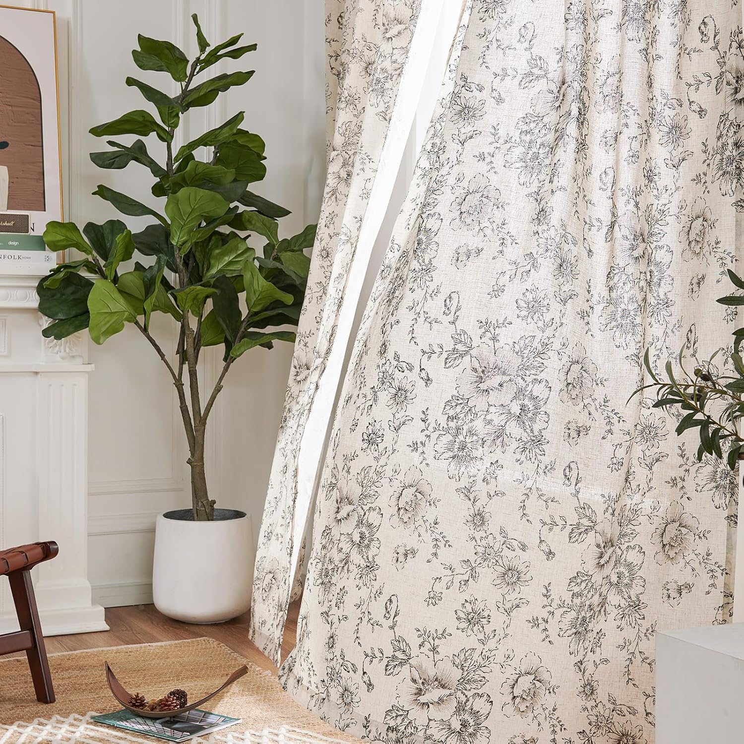 jinchan Linen Blend Curtain Floral Curtains for Living Room 108 Inch Length Black Printed Curtain Rod Pocket Back Tab Farmhouse Peony Flower Patterned Drapes Bedroom Window Curtains Set 2 Panels